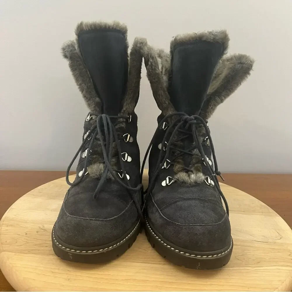 Stuart Weitzman Luge Fur Lined Dark Blue Suede Lace‎ Up Boots Women’s Size 8.5 M